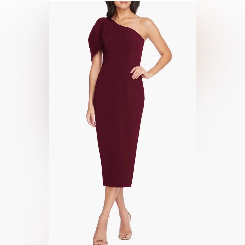 Dress The Population Tiffany One-Shoulder‎ Midi Dress Burgundy XL Quiet Luxury